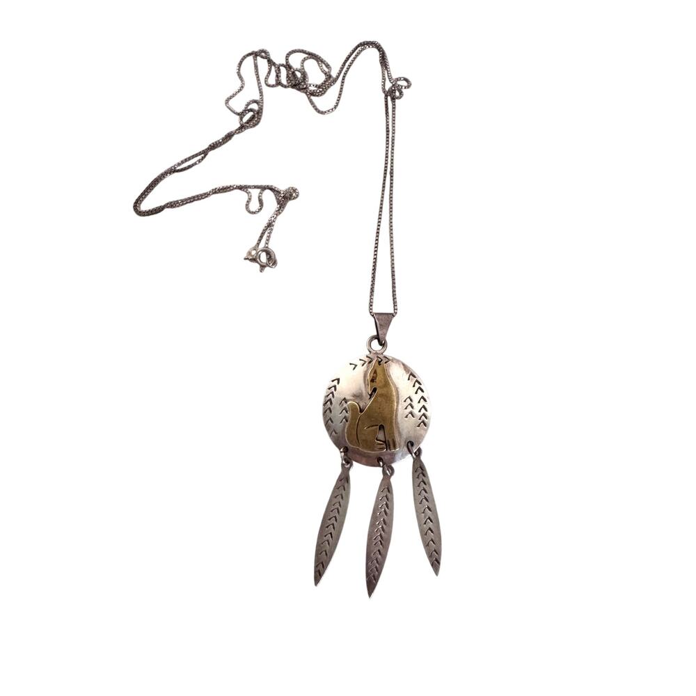 Navajo Sterling Silver Wolf Pendant Necklace Dangle Feather Design